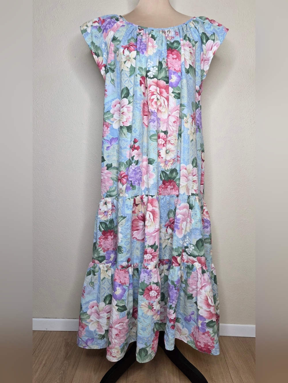 Vintage 80s Herbcraft Floral Midi Dress Cottagecore Pastel Tiered Prairie Boho